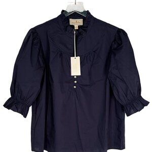 NWT Flora Bea Nyc Womens Short Puff Sleeve Navy Blue Edith Blouse‎ Top Size XL